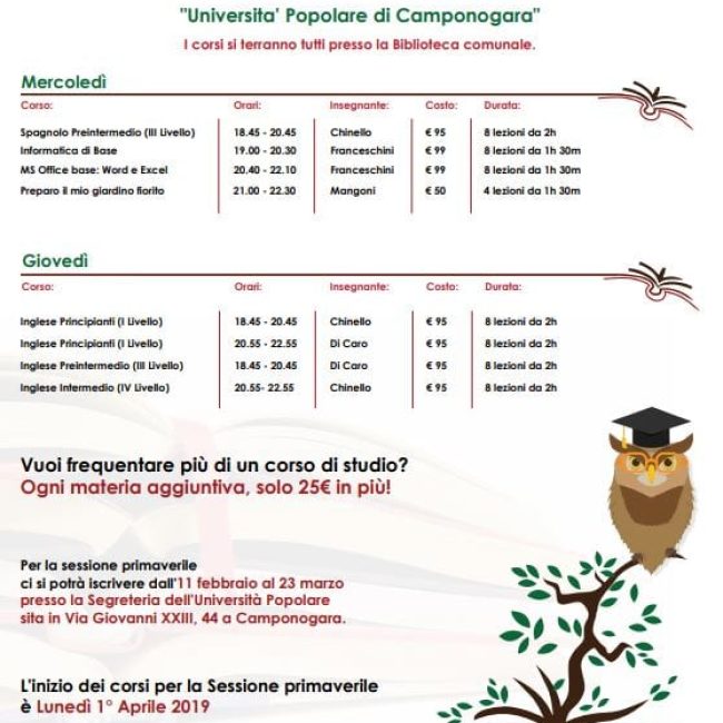 UNIVERSITA&#8217;POPOLARE DI CAMPONOGARA &#8211; CORSI SESSIONE PRIMAVERA 2019